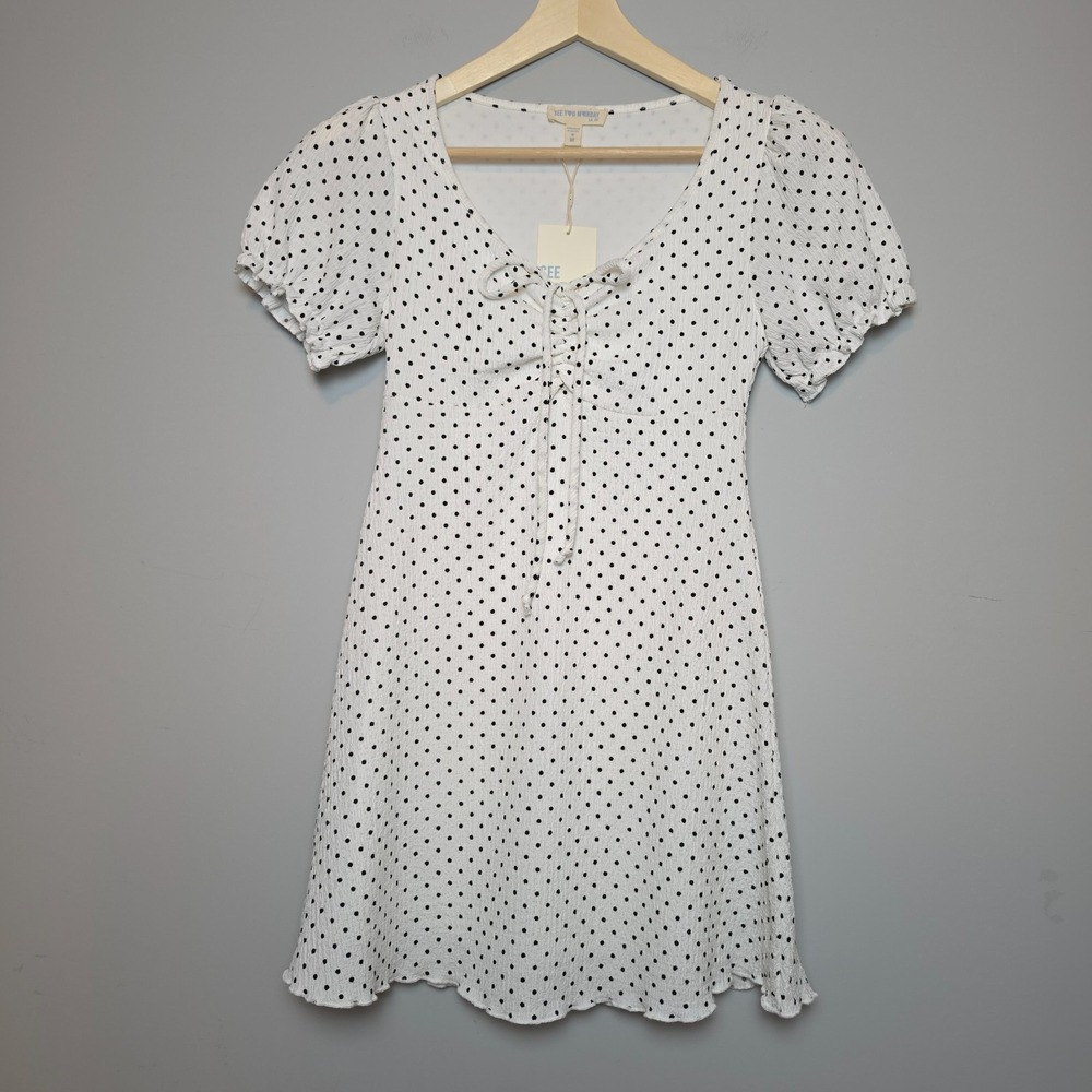 See You Monday White Dress Black Polka Dot Mini Dress Short Puff Sleeve Medium